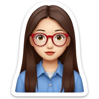 20 yr old asian woman, straight thick long brown hair, middle part, big red glasses, brown eyes, casual shirt sticker