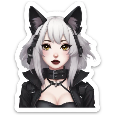 Gorgeous gothic dark techwear anime style anthro cat with blushing face aesthetic and pretty edgy black with collar and harness trending style sticker