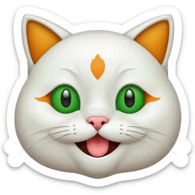 Realizar emoticonon de gato blanco con tonos gris claro solo carita sonriendo muy feliz ojos grandes de color verde con amarillos y bigotes largos  sticker