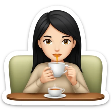 white girl with black hair doing self care, drinking tea, relaxing sticker