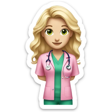 pale blonde girl with long wavy hair and green eyes wearing pink scrubs and stethoscope  sticker