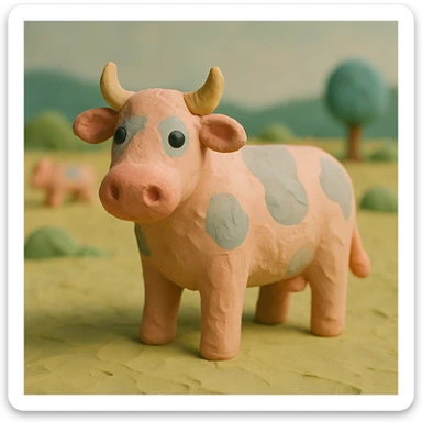 claymation style cattle standing in a field, visible fingerprints, pastel palette sticker