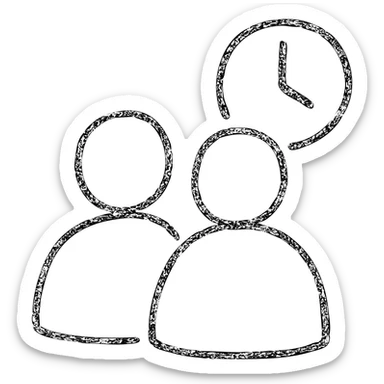 ultra-minimalist hand-drawn outlined icon of two figures with a small time symbol, worn and distressed style sticker