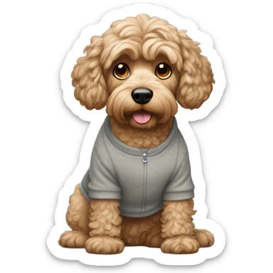 tan cockapoo dog wearing a grey sweatshirt sticker