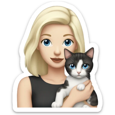 Pale woman with black hair and blue eyes holding a tabby cat sticker
