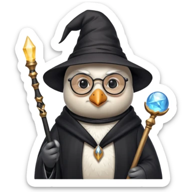 Penguin white wizard sit and wand and old man sunglasses sticker