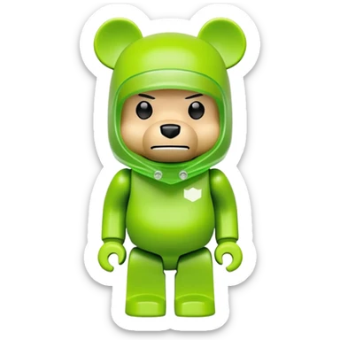 classic bearbrick toy figure with cubic head, wearing a lime green balaclava with clear aggressive eyebrows, blocky bear design not monkey sticker