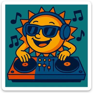 Add floating musical notes around the sun DJ in vibrant toon style. sticker
