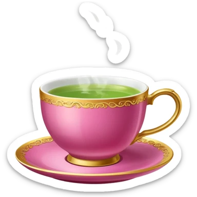 dark pink teacup filled with green tea, placed on a matching pink saucer, with gentle steam rising from the cup, golden details sticker