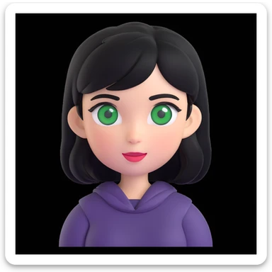 girl with black hair and green eyes, memoji style, playful expression, white background sticker