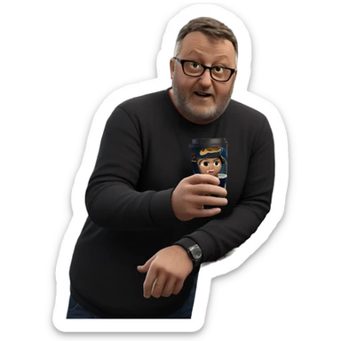 casual male indoors with cup sticker