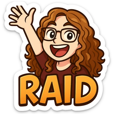 Create a Twitch raid emote of the person in the reference photo in an energetic pose. Use a bold and expressive style. Include the word 'RAID' in fun lettering. Transparent background. sticker