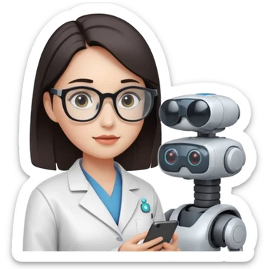 female AI robotics engineer with dark hair, and mobile robot near sticker