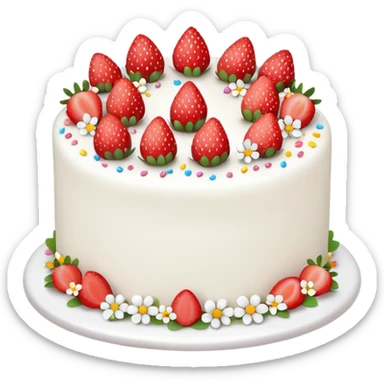 white cake with strawberries, colorful sprinkles, and small flowers on top sticker