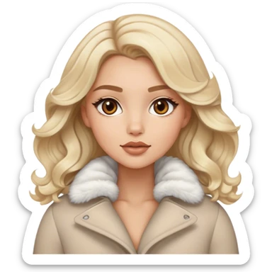 Luxury blonde model, brown eyes, sleek wavy hair, puffy winter coat sticker