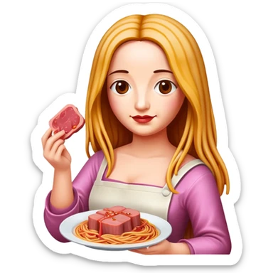 Monalisa holding SPAM meat melted pink dripping sauce spaghetti  sticker