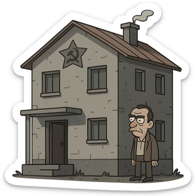 Soviet house, stylized as a cartoon, exaggerated block shapes, simple windows, gray palette sticker