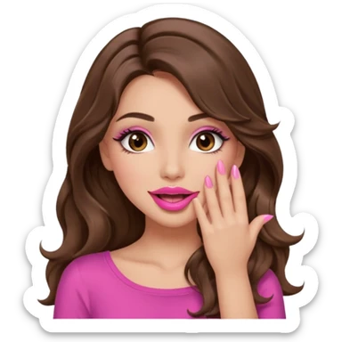 girl with long wavy brown hair, brown eyes, long lashes makeup, sexy pink lips, light to medium complexion, pink sexy top, sexy, gigling hand covering mouth sticker