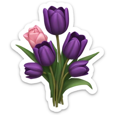 a beautiful aesthetic bouquet composed of dark purple and light pink tulips and dark purple roses tied with a silk purple ribbon sticker