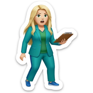 Full Body white plus size female basketball head coach yelling using a clipboard with long blonde hair in a blue and green suit sticker