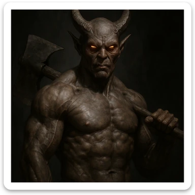 realistic demon with an axe, muscular build, dark background, glowing eyes sticker