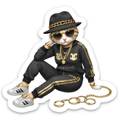 female cat dressed like Run DMC in tracksuit, fedora, Adidas shoes, dark sunglasses, lots of gold chains, rings, bracelets, earrings, lying on the ground after falling, distressed sticker