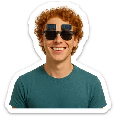 charming red-haired individual with solar-powered sunglasses, radiant and cool sticker