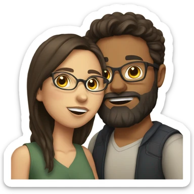 Brunette girl with glasses kiss on cheek brunette boy with beard sticker