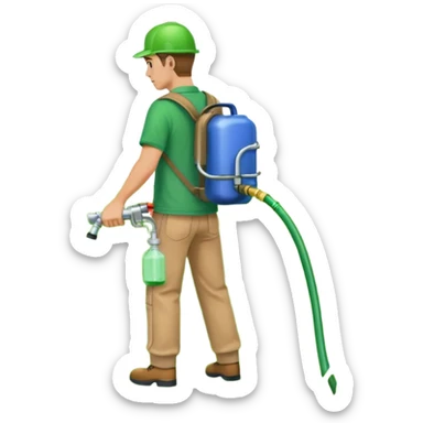man with a emerald green shirt and tan pants on with backpack chemical sprayer on his back with the hose in his hand pointed downwards at bright green grass sticker