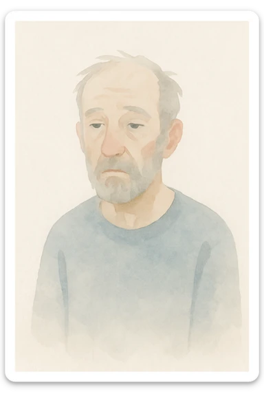 70 year old tired man, lost gaze, light skin, unkempt beard, painterly style, soft colors, blurred background sticker