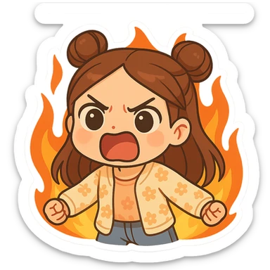 Create a chibi sticker of the same girl, screaming angrily, surrounded by flames. She has brown straight hair in double buns, brown eyes, wearing a pastel floral cardigan and jeans. The sticker should have a white outline and transparent background, 512x512px. sticker