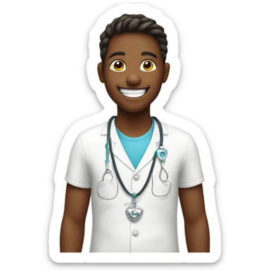 smiling boy indoors with necklace like a dentist sticker