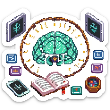 pixel art radiant crystal brain levitating above old text tablets with runes and language characters (A-Z, あ, 文, ع) circling it sticker