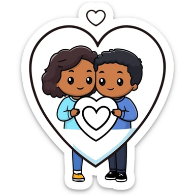 A couple with dark brown hair and mixed skin tone inside a white heart sticker