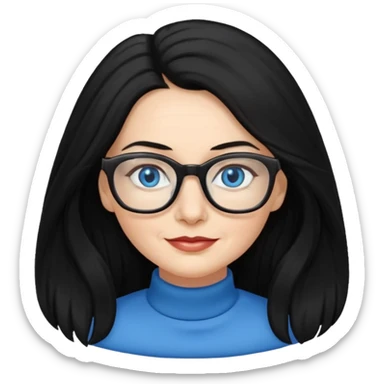 woman 50 years old, long and fluffy black hair, blue eyes, glasses sticker