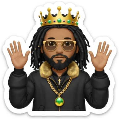 African American man with shoulder length black dreadlocks with black beard wearing black sunglasses with a black bubble winter coat wearing a crown with hands out sticker