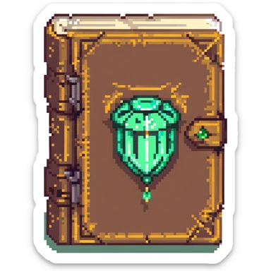 pixel art style enchanted tome, ancient, green gem on cover, mystical light sticker