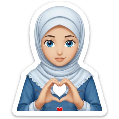 Turkish beautiful finish Konya girl blue eyes with denim hijab islamic dress and making heart with hands and with thank you text sticker