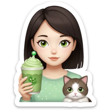 asian girl with shoart dark brown hair with a soft girl glowup aesthetic. matcha latte sparkles girly things, 2 ragdoll cats, skincare, makeup sticker