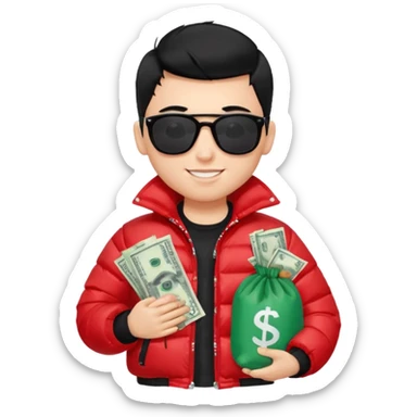 a pretty bratz boy with black hair, holding a bag of money, sunglasses on, red puffer jacket sticker
