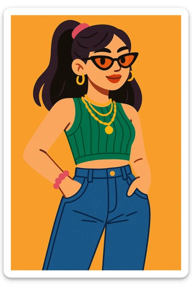 dressed up woman in a cool Gen Z look, crop top, high-waisted jeans, layered jewelry, casual and stylish sticker