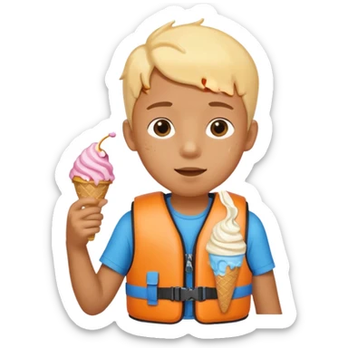 boy kid wearing lifejacket, holding ice cream sticker