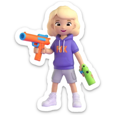 little white kid in a hip-hop outfit, holding a squirt gun, smiling sticker
