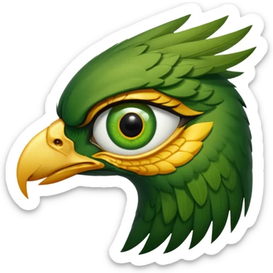 close up of just the eye and nothing else at the side profile of the face of a green hawk that is looking away from the camera on white background sticker