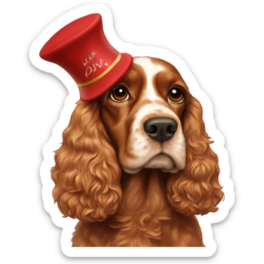 A full-length adult red cocker spaniel in a New Year's cap sticker