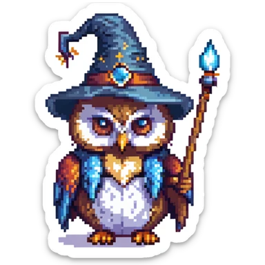 minimalist pixel icon of an owl with a wizard hat and wand simple color palette clean lines sticker