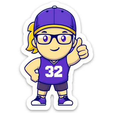 Man with black and white cap, purple sports jersey with number 32, clear glasses, disheveled light blond mullet hairstyle, thumbs up gesture, relaxed expression sticker