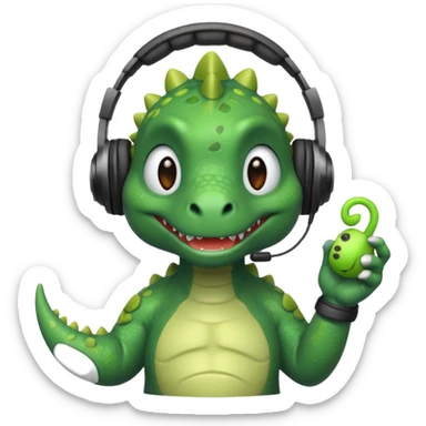 a dinosaur character with features representing autism, such as headphones, fidget toy, gentle expression sticker