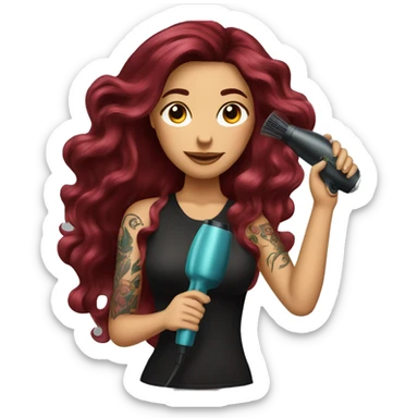 Beautiful tattooed  burgundy long haired woman blow drying her hair sticker