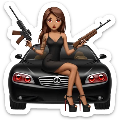 Lilith tan skin female red eyes symbol. Tattoo arms. Her hair is brown straight long hair.wearing sexy long sexy Chanel dress with slit. black stiletto thick platform high heels shoes on. Sitting on giant luxury car with cash inside . She is holding a sniper rifle in one hand cash in other hand sticker